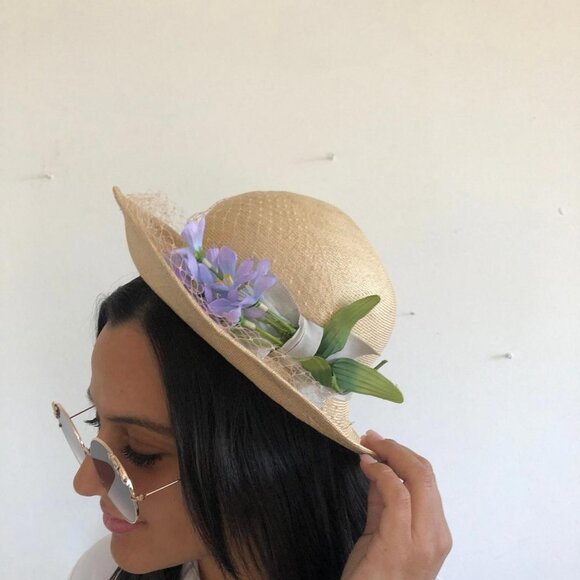 Vintage Floral Hat with Veil - Betmar New York - Tan Hat with Purple Flowers